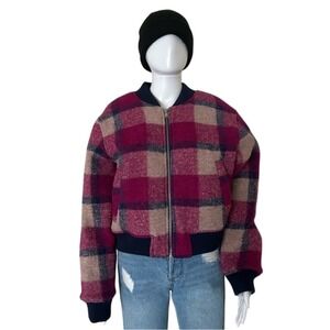 House of Harlow 1960 Plaid Pink Blue Wool Blend Quilted Lined Bomber Jacket L